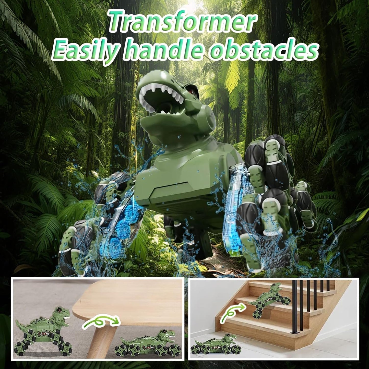 Remote Control Car Dinosaur Toys for Kids, 8-Wheel Dinosaur Transform Car Toys for Boys Ages 3-12 with Cool Lights, Dinosaur Sound Effects, One Click Spray