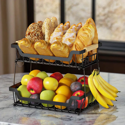 WERSEON 2 Tier Fruit Basket with Hooks for Kitchen Countertop, Detachable Metal Fruit Vegetable Storage Basket Stand Holder with Wooden Handle