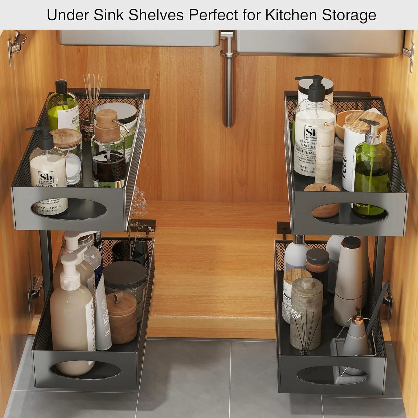 WERSEON Under Sink Organizer, 2 Tier Stainless Steel Pull out Cabinet Organizer Baskets with Mesh Sliding Drawers, Slide out Storage Shelf for Kitchen, Bathroom, Countertop