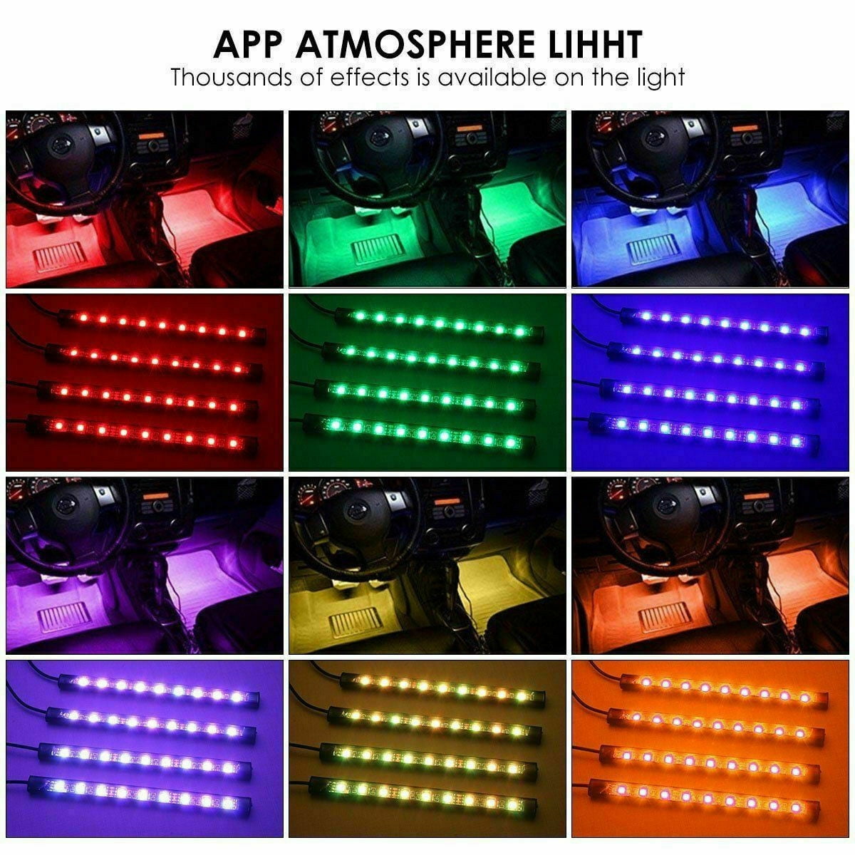 ELTPOWER 4Pcs 12LED RGB Car Interior Atmosphere Light Strip IR Music Lamp With Remote