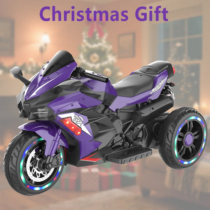 HNH 12V Electric Motorcycle for Kids, Powered Ride on Toys, 3 Wheels Motorcycle with LED Lights, Bluetooth Music, Violet