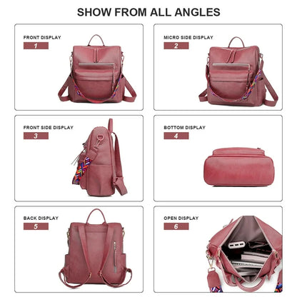 YOMYM Leather Backpack Purse for Women Designer Ladies Large School Convertible Shoulder Bag
