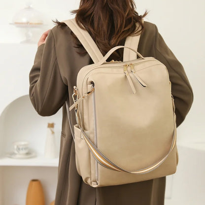 HONGLONG PU Leather Backpack for Women Fashion Multipurpose Design Convertible Backpack Purse Large Shoulder Bag Travel Bag Beige