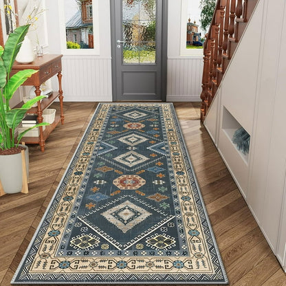TECHVIDA 2'x6' Hallway Runner Rug Boho,Non Slip Machine Washable Rugs for Hallway Kitchen,Dark Blue