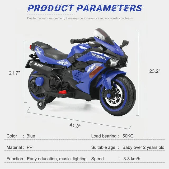 12V Ride on Motorcycle for Kids, Battery Powered 2 Wheels Motorcycle Toy with Bluetooth, Music, Light-Blue