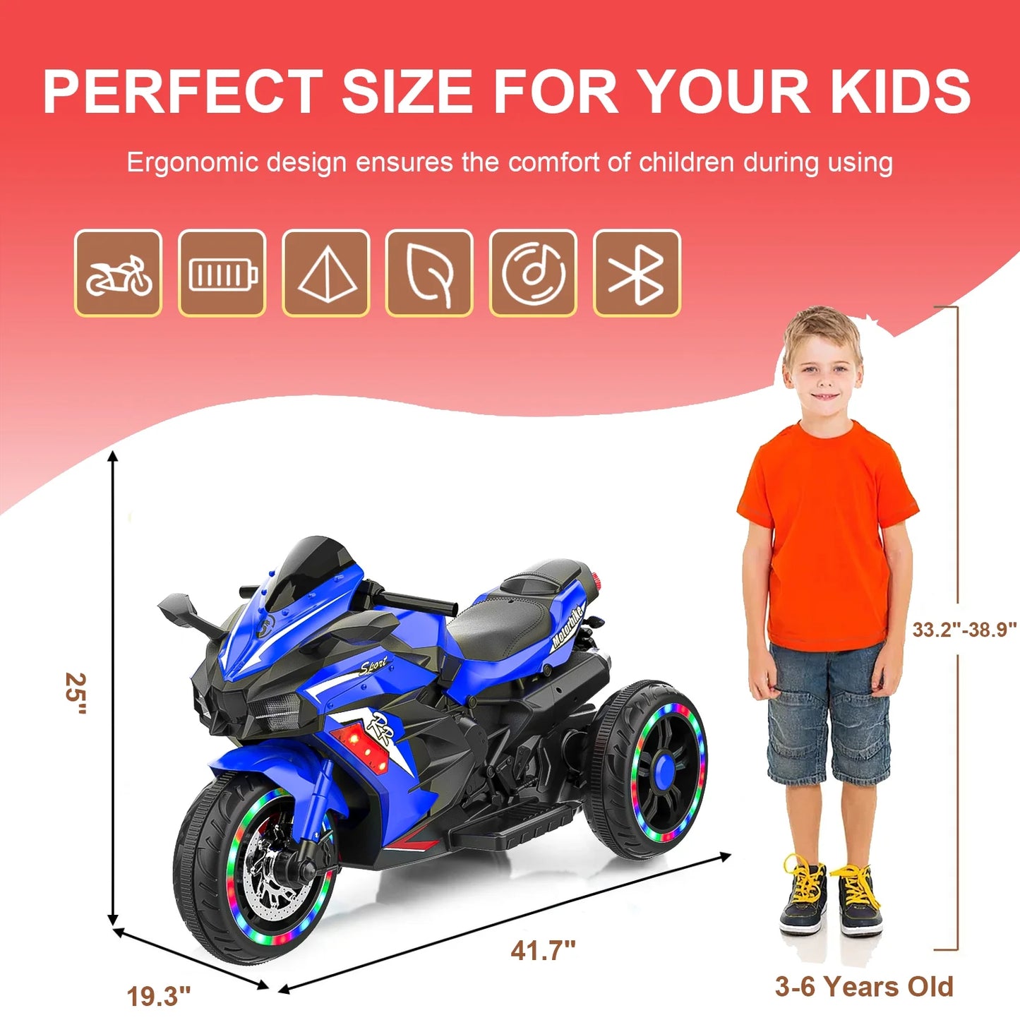 HNH Kids Motorcycle Ride On Car with 3 Wheel, 12V Electric Motorbike for Kids, LED Tire and Bluetooth Music, Ride On Car Gift