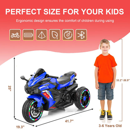 HNH Kids Motorcycle Ride On Car with 3 Wheel, 12V Electric Motorbike for Kids, LED Tire and Bluetooth Music, Ride On Car Gift