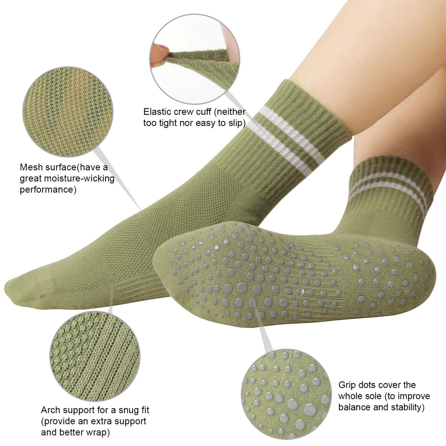 YOMYM 4 Pairs Non Slip Pilates Socks with Grips for Women, Crew Grip Socks for Yoga, Barre, Hospital, Barefoot Workout