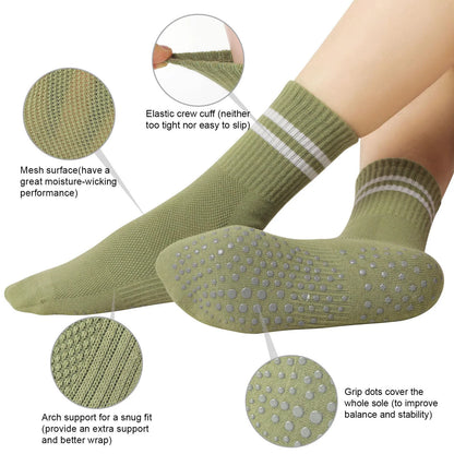 YOMYM 4 Pairs Non Slip Pilates Socks with Grips for Women, Crew Grip Socks for Yoga, Barre, Hospital, Barefoot Workout