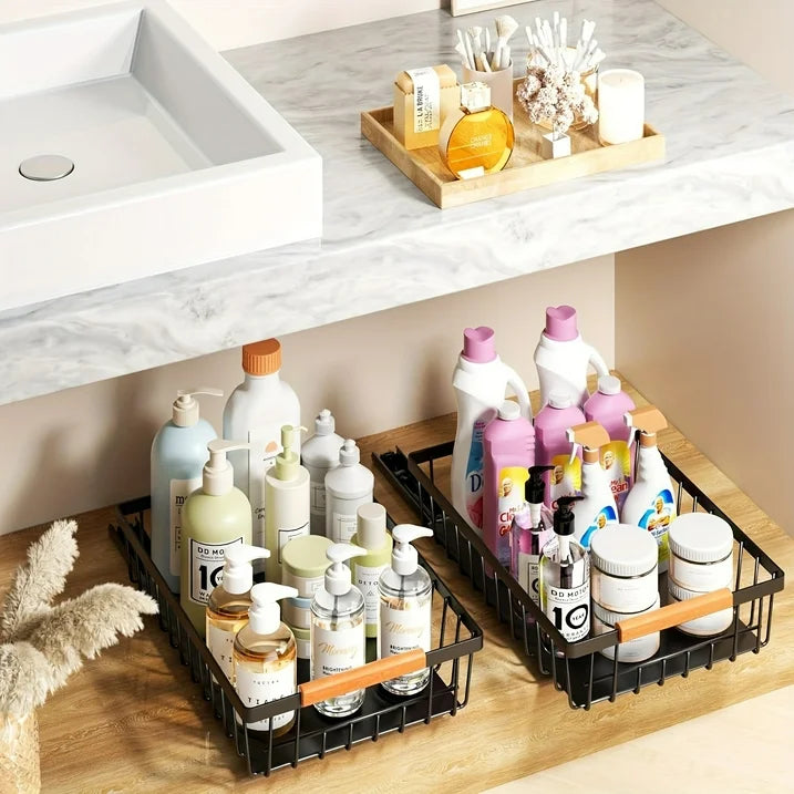 Cheelom 2 Pack Pull Out Cabinet Organizer, Metal Slide Out Drawers for Cabinets, Sliding Drawers Adhesive Nano Film Roll out Shelf for Kitchen
