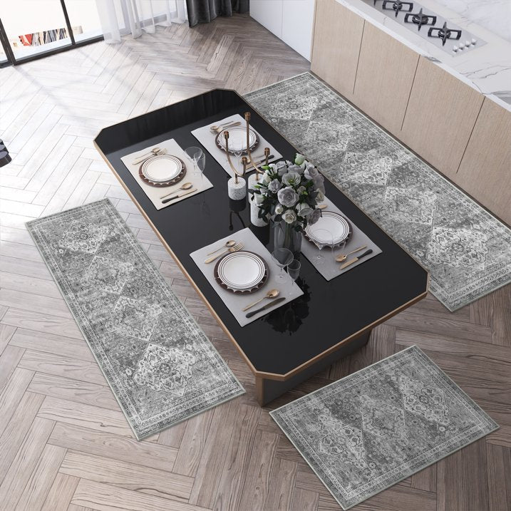 TECHVIDA Kitchen Rugs 3 Piece Set,Non Slip Machine Washable Kitchen Mats,Boho Vintage Abstract Kitchen Carpet for Farmhouse Living Room Hallway