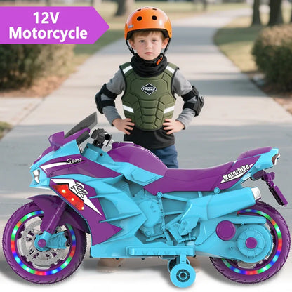 HNH 12V Ride on Motorcycle for Kids, Electric Motorcycle with Music, Bluetooth, Lights, Training Wheels