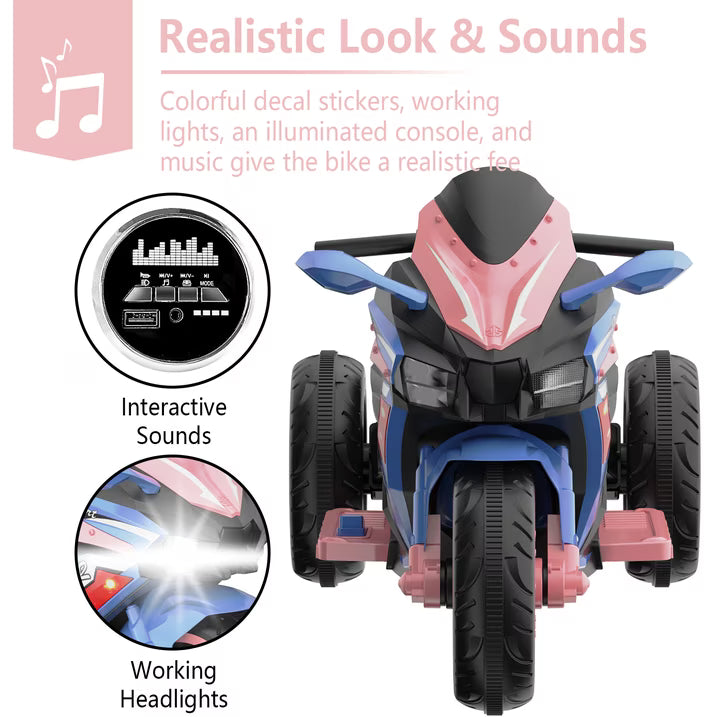HNH 12V Ride on Motorcycle for Kids, 3 Wheels Battery Powered Motorcycle Toy with Remote Control, Bluetooth, Music, Light