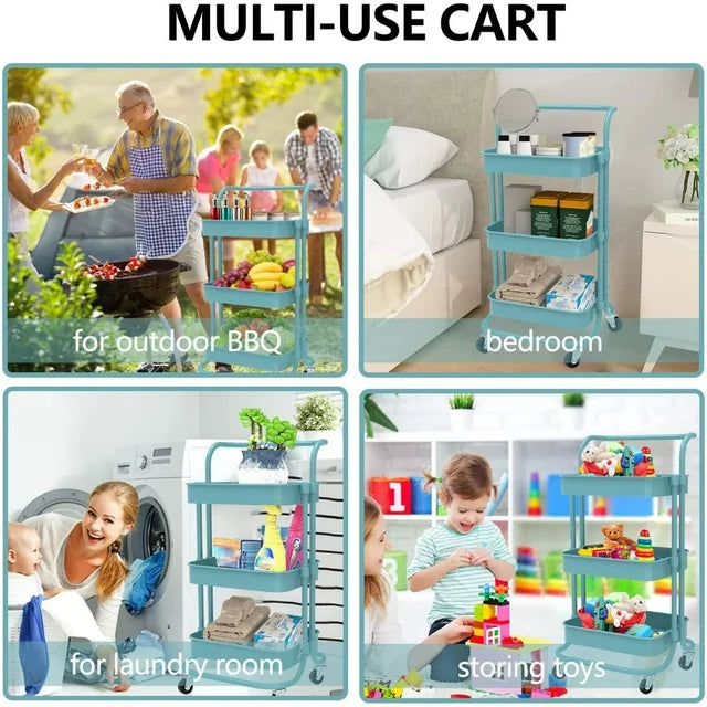 Werseon 3 Tier Mesh Utility Cart, Rolling Metal Organization Cart with Handle and Lockable Wheels, Multifunctional Storage Shelves for Kitchen Living Room Office