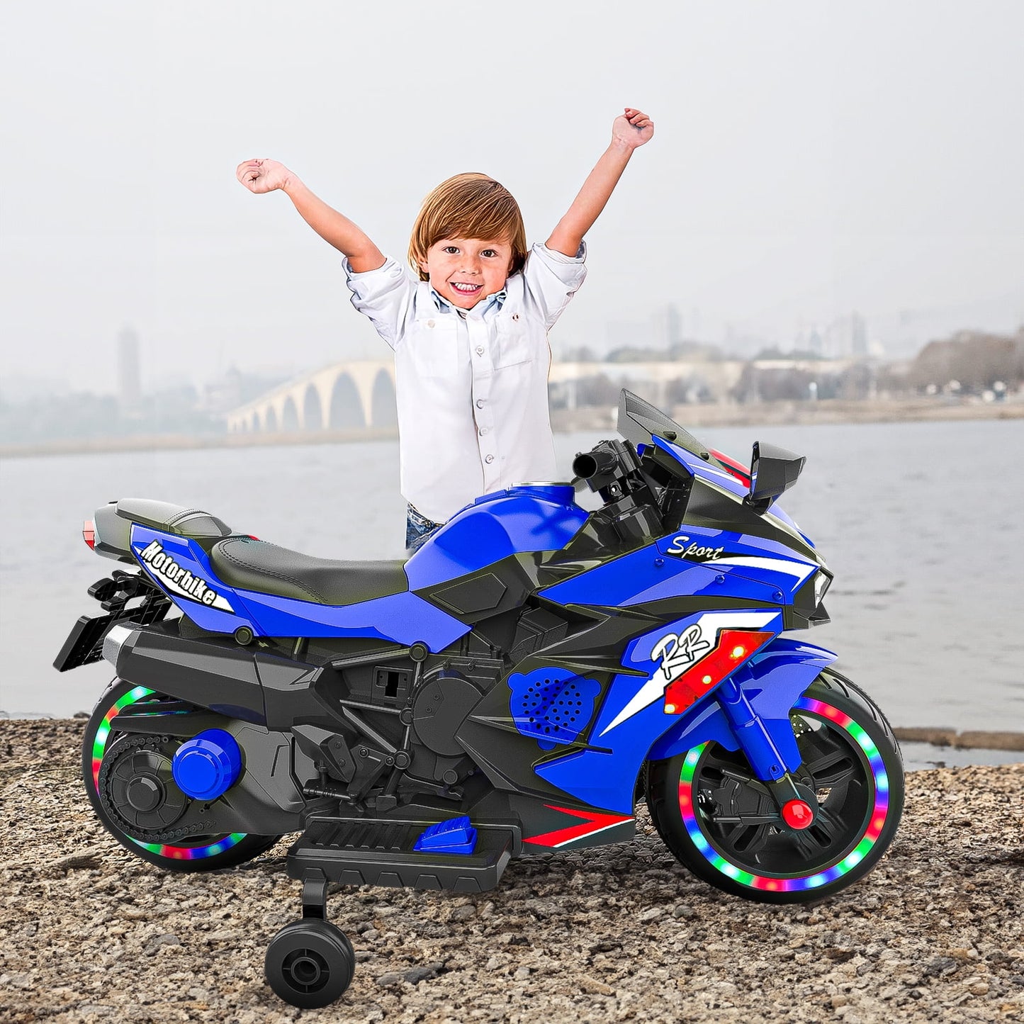 Techvida 12V Ride on Motorcyle for Kids Battery Powered 2 Wheels Kids Motorcycle for Child with Training Wheels (Blue)
