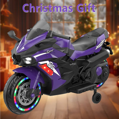HNH 12V Ride on Toys, Kids Ride on Motorcycle, Electric Motorcycle with Training Wheels, Violet