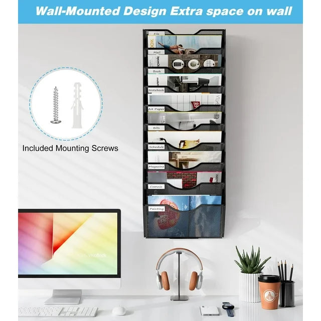 Techvida 10 Tier Metal Mesh Wall File Holder, Office Hanging File Folder Magazine Rack Metal Mail Organizer