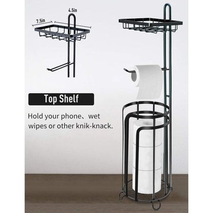 TECHVIDA Free Standing Toilet Paper Holder Stand, No Drilling Tissue Roll Holder, Toilet Paper Storage Roll Holder with Shelf for Bathroom, 2 Pack