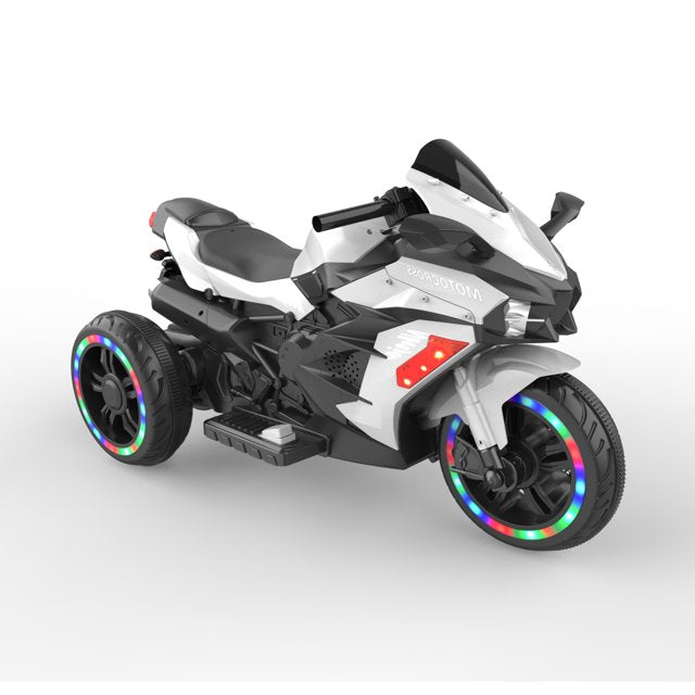 WUBEN 12V Kids Motorcycle Children Electric Motorcycle 3 Wheels Motorcycle with Bluetooth,White