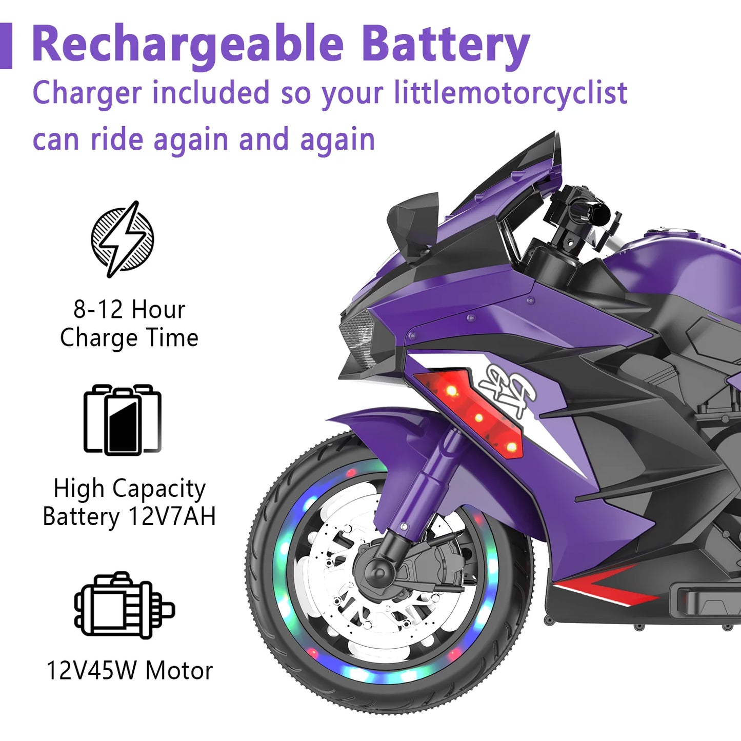 HNH 12V Ride on Toys, Kids Ride on Motorcycle, Electric Motorcycle with Training Wheels, Violet