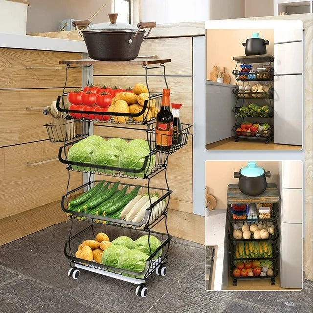 WERSEON 5 Tier Fruit Basket for Kitchen Organizers and Storage, Stackable Metal Wire Basket Stand Cart for Fruit Vegetable