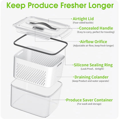 Werseon 10 PCS Fruit Storage Containers for Fridge, 5 Size Food Containers for Refrigerator Organizers Bins with Colander Set, Vegetable Storage Bins with Lids and Handle,16L