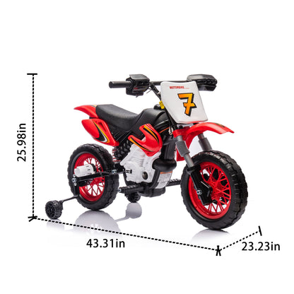Motorcycle for Kids, 12V Electric Ride On Dirt Bike, 3.73 Mph Top Speed, Headlights, Training Wheels, Realistic Sounds, Music, Battery Charger-Red