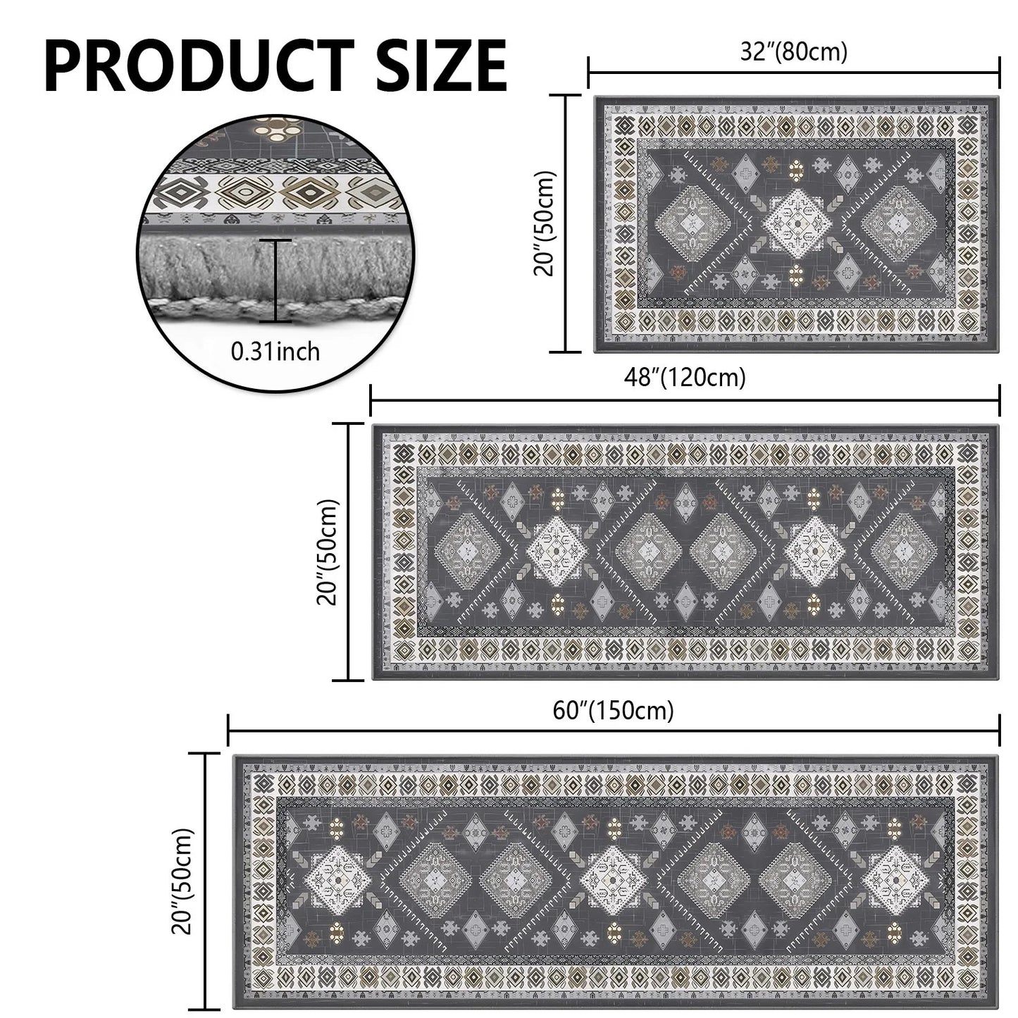 TECHVIDA Kitchen Rug Set 3 Piece,Non Slip Machine Washable Kitchen Mats,Farmhouse Hallway Doormat for Home Floor and Living Room,Gray