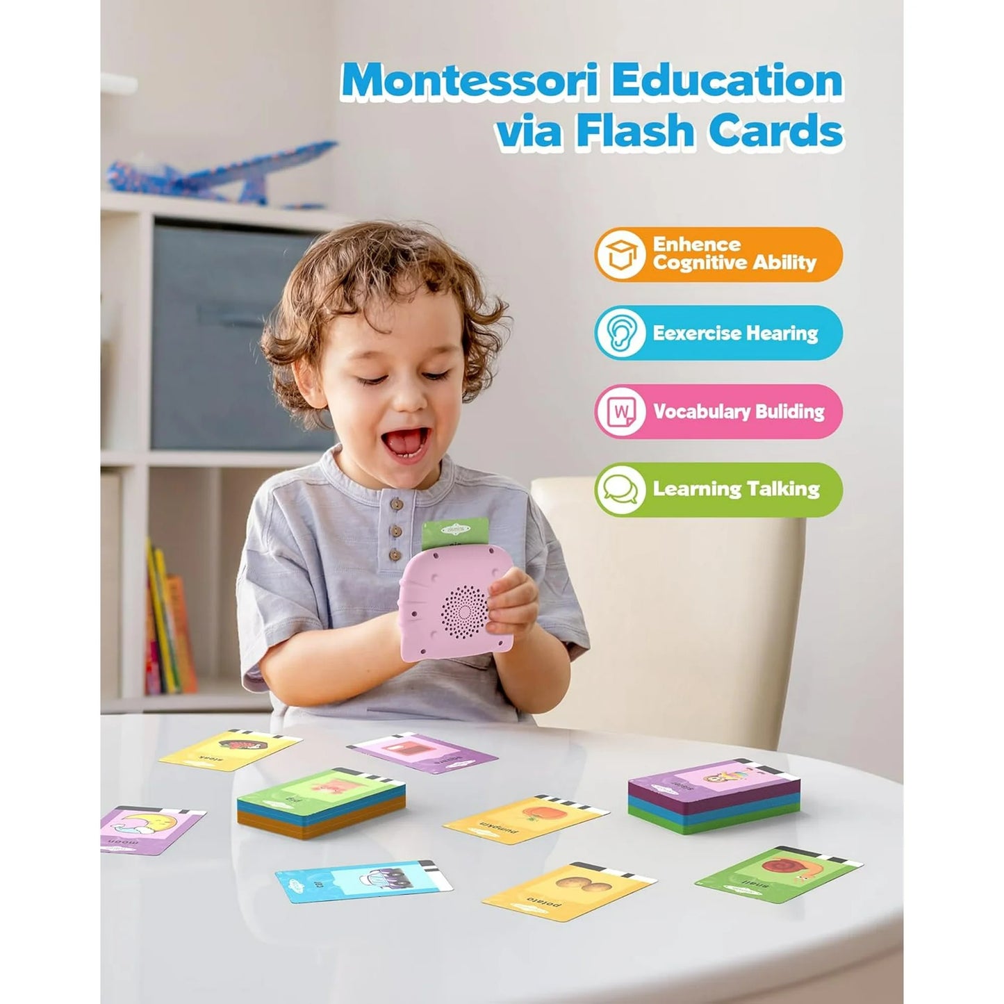 Pink Talking Flash Cards for Toddler 1 2 3 4 Year Olds, Language Learning Toys, Educational Toddlers Toys Reading Machine with 224 Words, Children's Sensory Learning Toys