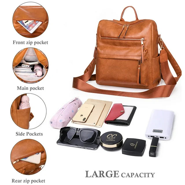 HONGLONG Women's Backpack Purse, Fashion Large Travel Leather Backpack Shoulder Bags for Ladies, Brown