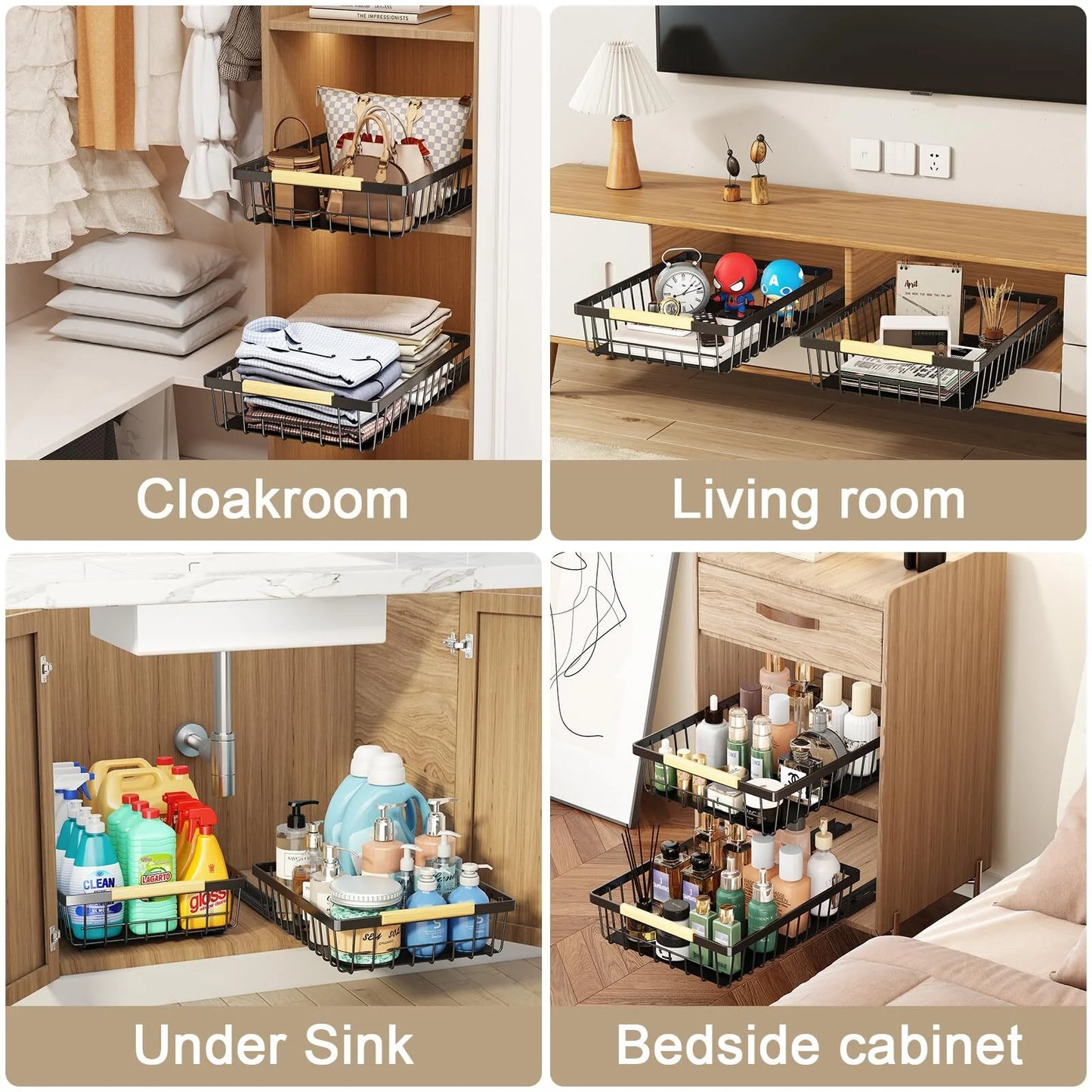 Werseon 2 Pack Pull Out Cabinet Organizer, Metal Slide Out Drawers for Cabinets, Sliding Drawers Adhesive Nano Film Roll out Shelf for Kitchen Pantry Bedroom