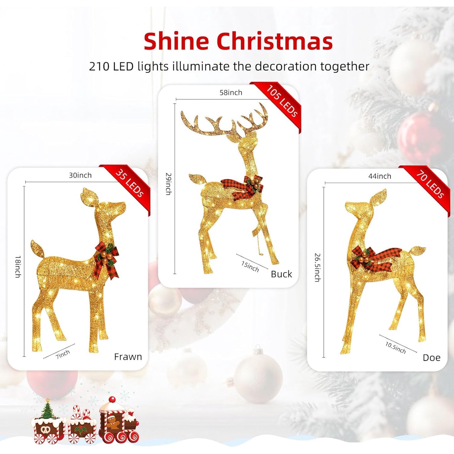 5Ft Lighted Christmas Deer 3 Set with 210 Lights, Large Outdoor Yard Reindeer Holiday Decoration,Lighted Deer Set for Indoor Christmas Decor