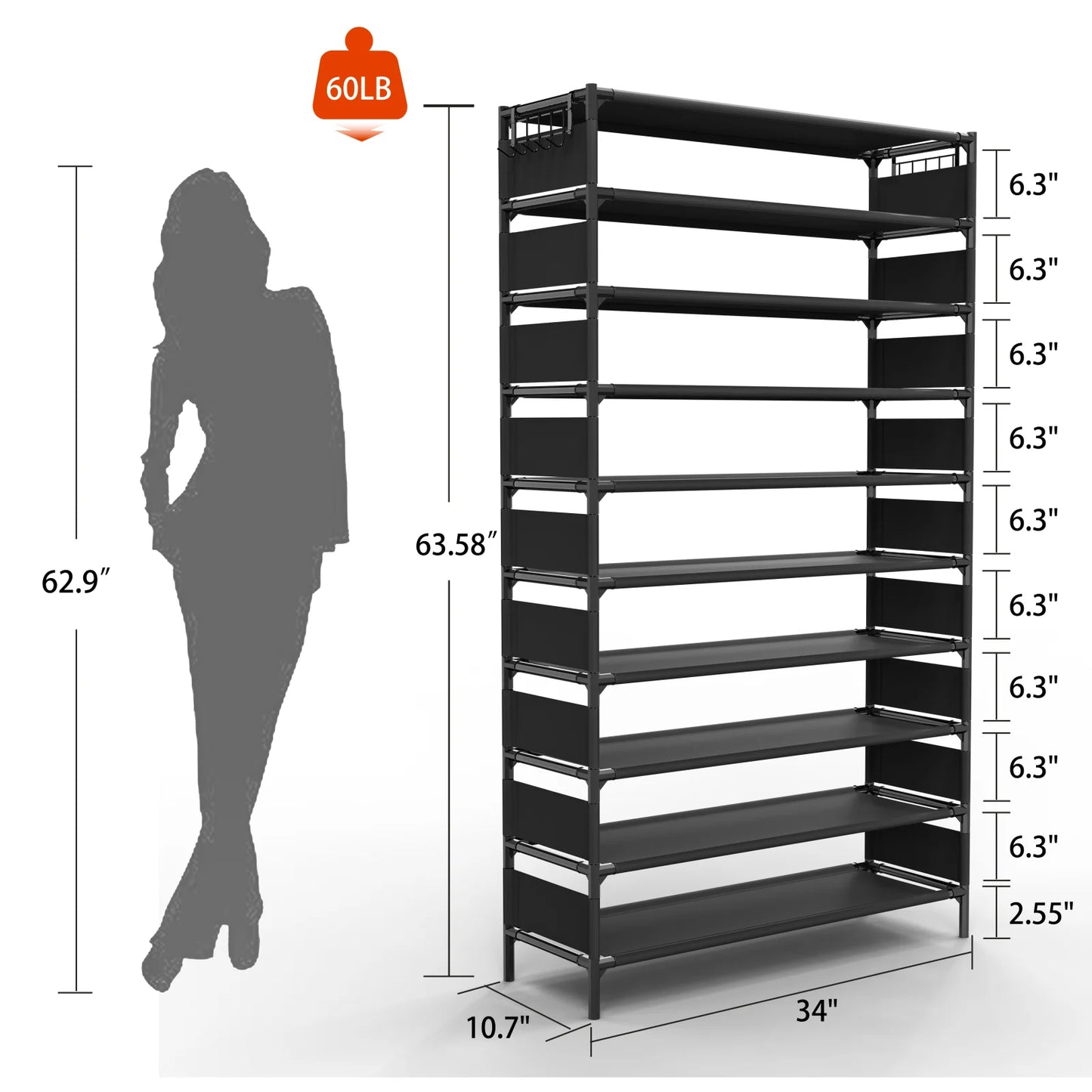 TECHVIDA Upgraded 10 Tiers Shoe Rack, Large Capacity Shoe Shelf, Tall Shoe Organizer for 50 Pairs, Space Saving Shoe Storage,Black