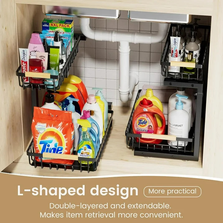 WERSEON Under Sink Organizer Rack, 2 Tier Pull Out Cabinet Shelves, Slide Out Sink Shelf for Kitchen Bathroom Storage