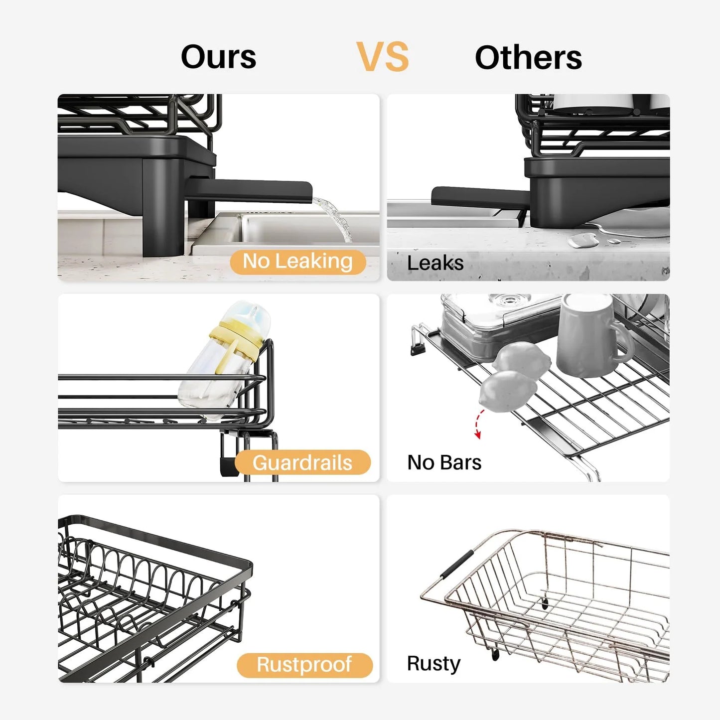 Werseon Expandable Dish Drying Rack, Large Dish Rack for Kitchen Counter, Stainless Steel Dish Drainer with Drainboard, Rustproof Over Sink Drying Rack with Utensil Holder, Black