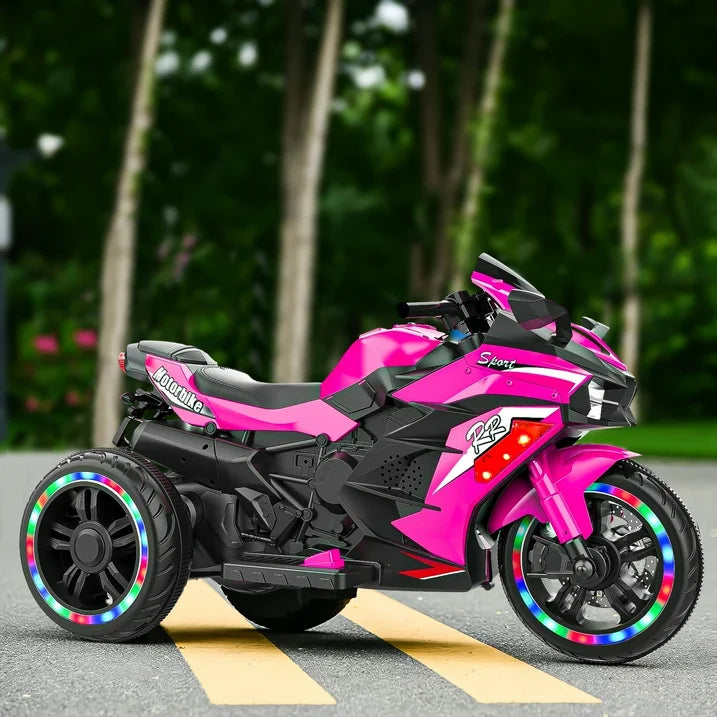 HNH 12V Motorcycle for Girls, Powered Ride on Toy Car for Kids 3-8, Child Electric Dirt Bike with 3 Wheels, LED Light, Bluetooth Music