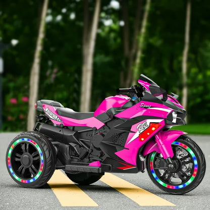 HNH 12V Motorcycle for Girls, Powered Ride on Toy Car for Kids 3-8, Child Electric Dirt Bike with 3 Wheels, LED Light, Bluetooth Music