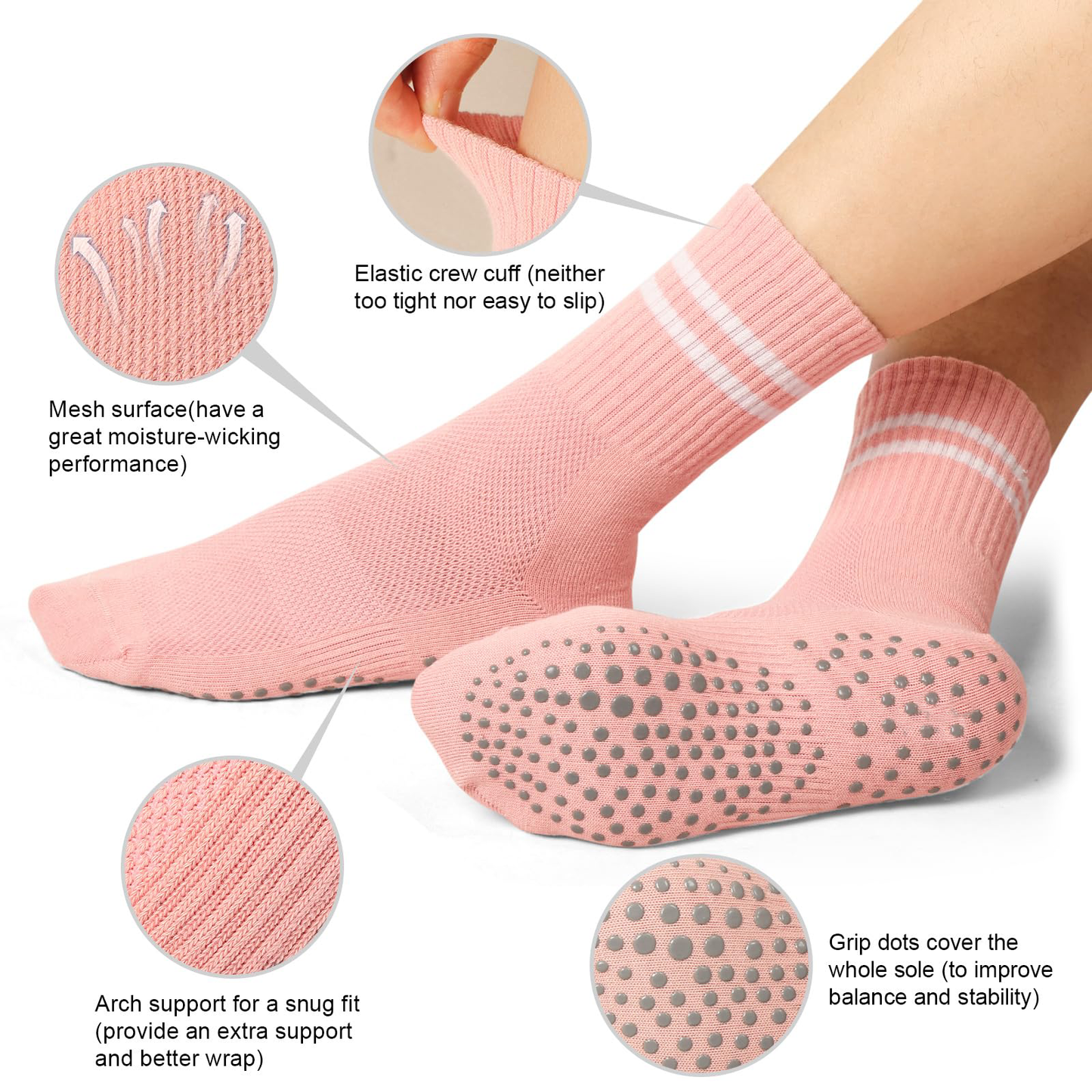 YOMYM Pilates Socks for Women with Non Slip Grippers, Yoga Crew Socks for Barre Hospital Sticky Slipper Socks 4 Pairs