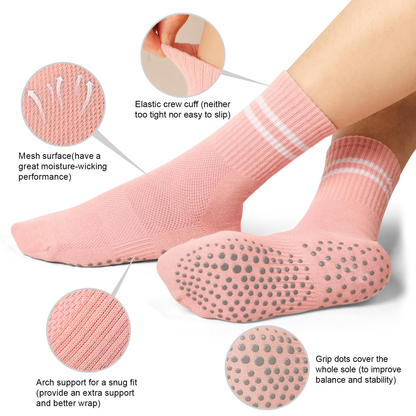 YOMYM Pilates Socks for Women with Non Slip Grippers, Yoga Crew Socks for Barre Hospital Sticky Slipper Socks 4 Pairs
