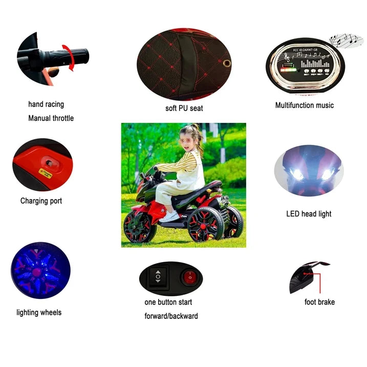 HNH 12V Spider Ride On Motorcycle, Kids Motorcycle for 3-6 Year old, With PU Seat, Training Wheels/Manual Throttle/Lighting Wheels/Wireless,Red