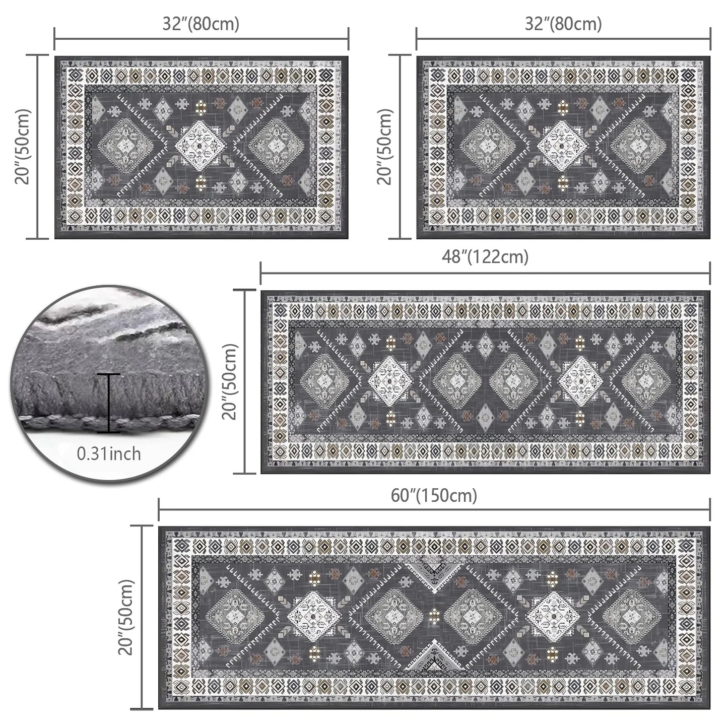 FoxHouse Kitchen Rugs 4 Piece Set,Washable Non Slips Boho Kitchen Floor Mat,Thickness Comfort Standing Mat for Kitchen,Grey