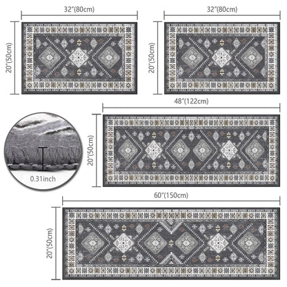 FoxHouse Kitchen Rugs 4 Piece Set,Washable Non Slips Boho Kitchen Floor Mat,Thickness Comfort Standing Mat for Kitchen,Grey