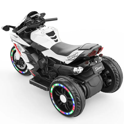 HNH 12V Kids Motorcycle Children Electric Motorcycle 3 Wheels Motorcycle with Bluetooth,White