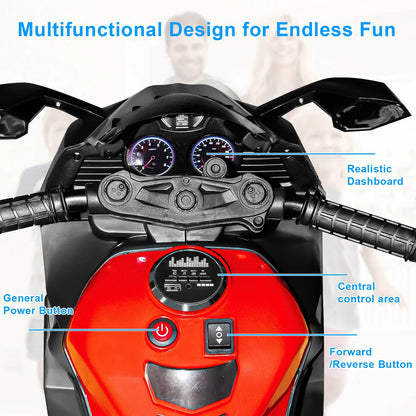 HNH 12V Kids Electric Motorcycle for Child, Motorcyle for Kids with Bluetooth, LED Lights (Red)
