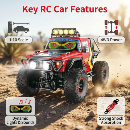 HNH 1:10 Big Remote Control Car for Kids, 4WD Off Road Rc Car Monster Truck with LED Light, Music, 25KM/H, 2 Batteries