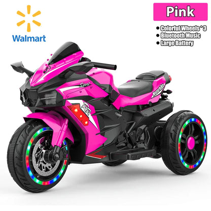 HNH Pink Motorcycle for Girls, 12V Battery Powered Motorbike Ride on Toy for Kids 3-8, Electric Dirt Bike with 3 Wheels, LED Light, Bluetooth Music