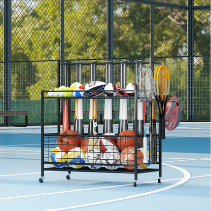 WERSEON Garage Sports Equipment Organizer, Basketball Storage Rack, Sports Organizer Cart with Basket and Hooks