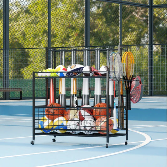 WERSEON Garage Sports Equipment Organizer, Basketball Storage Rack, Sports Organizer Cart with Basket and Hooks