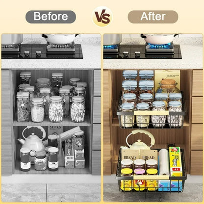 Cheelom 2 Pack Pull Out Cabinet Organizer, Metal Slide Out Drawers for Cabinets, Sliding Drawers Adhesive Nano Film Roll out Shelf for Kitchen