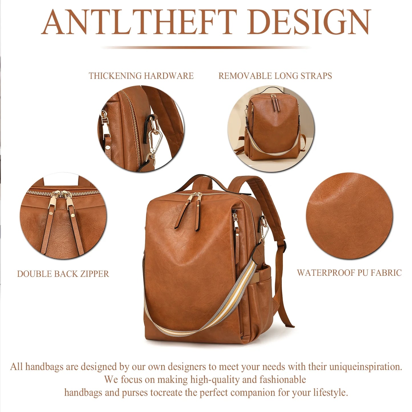 HONGLONG Laptop Backpack for Women Travel Backpack with 15.6 Inch Laptop Compartment, Multipurpose Design Convertible Large Backpack Purse Brown